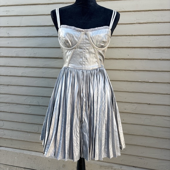 Elizabeth & James silk silver metallic pleated mini dress with corset top